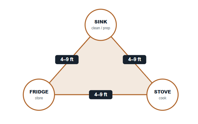 The classic work triangle sink, stove, and refrigerator. Each leg 4–9 ft; all three legs together 13–26 ft.