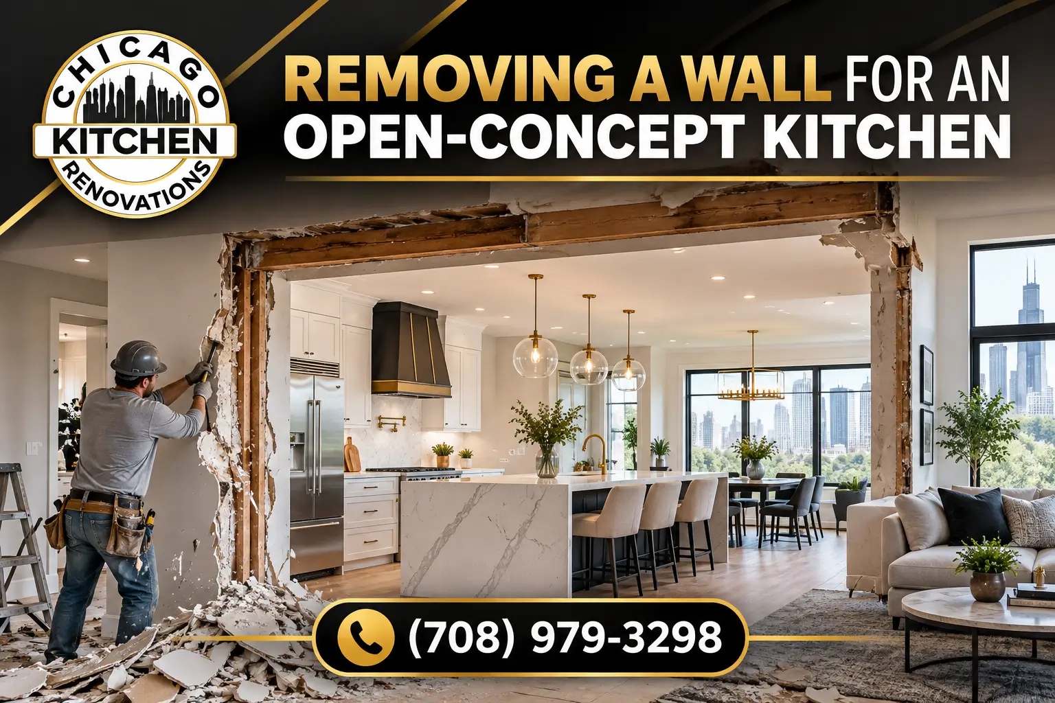 Chicago kitchen renovation showing wall removal to create a spacious open-concept kitchen and living area.