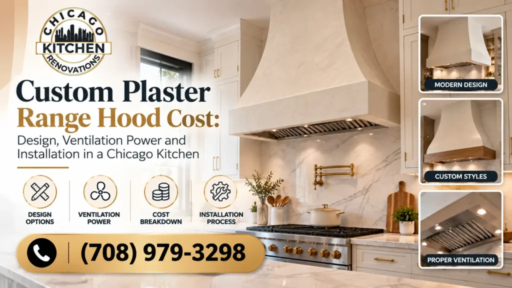 Custom plaster range hood in a luxury Chicago kitchen featuring a sculptural design, stainless steel ventilation system, marble backsplash, and elegant cabinetry. Chicago Kitchen Renovations: (708) 979-3298.