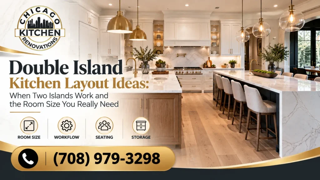 Double island kitchen layout in a luxury Chicago home featuring two spacious kitchen islands, white marble countertops, warm wood cabinetry, pendant lighting, and seating. Chicago Kitchen Renovations: (708) 979-3298.
