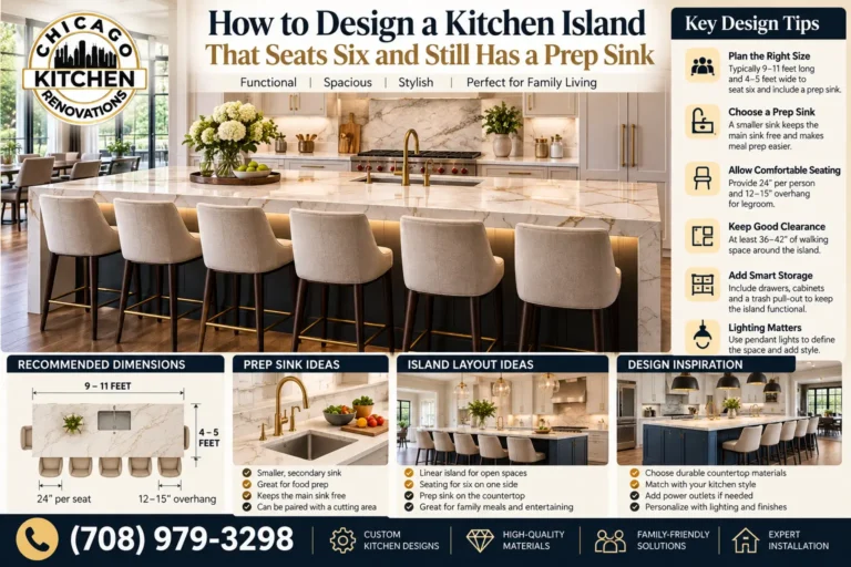 Kitchen island design with seating for six and an integrated prep sink, featuring marble countertops, navy cabinetry, pendant lighting, and functional layout ideas by Chicago Kitchen Renovations.