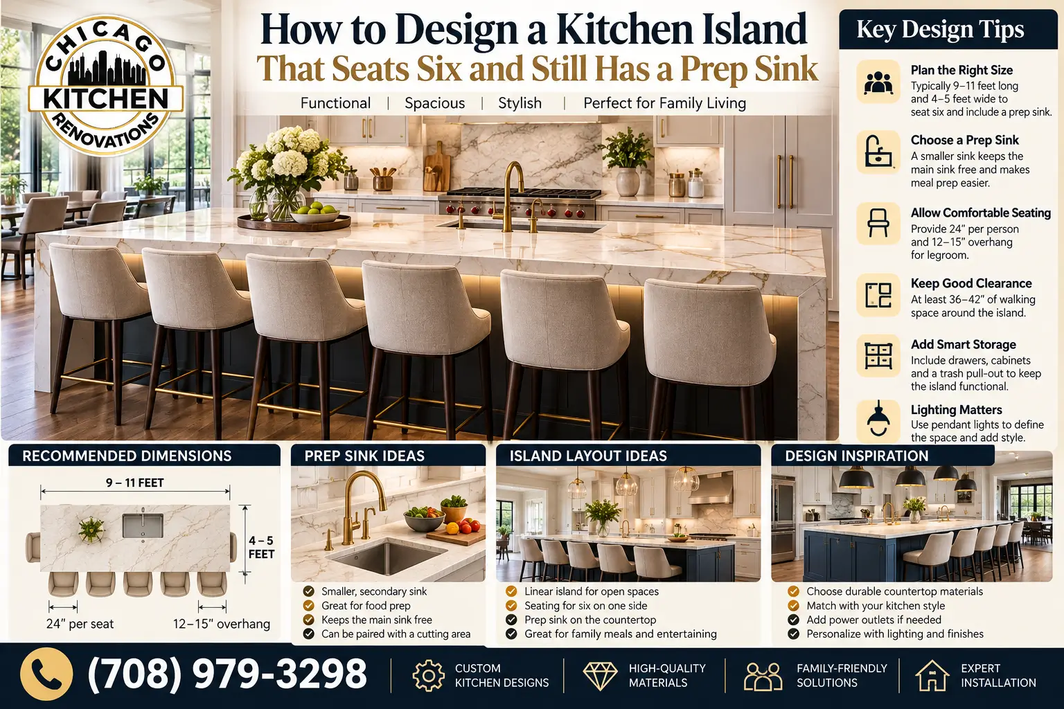 Kitchen island design with seating for six and an integrated prep sink, featuring marble countertops, navy cabinetry, pendant lighting, and functional layout ideas by Chicago Kitchen Renovations.