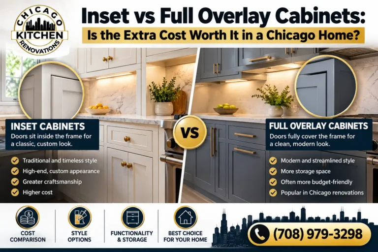 Comparison of inset and full overlay kitchen cabinets in a modern Chicago kitchen renovation, showcasing different cabinet door styles and finishes.