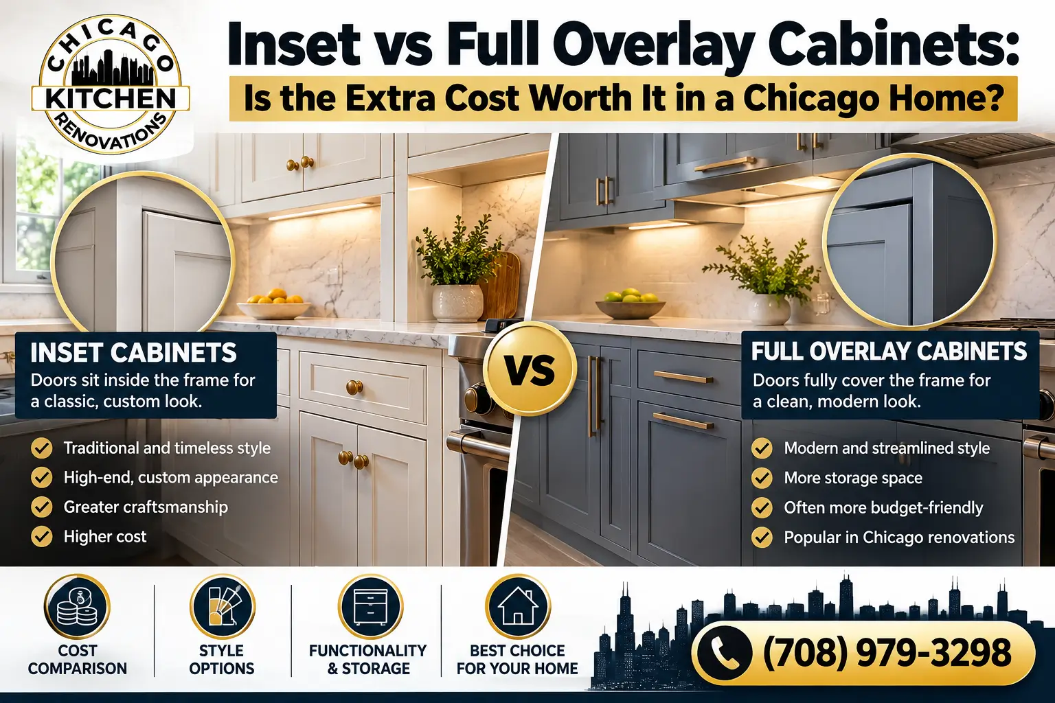 Comparison of inset and full overlay kitchen cabinets in a modern Chicago kitchen renovation, showcasing different cabinet door styles and finishes.