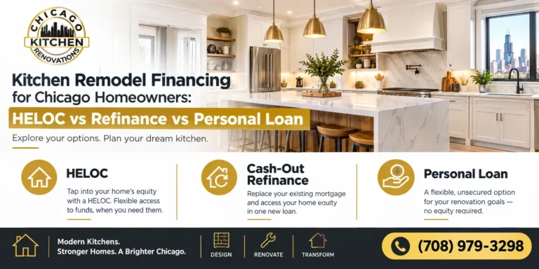 Chicago Kitchen Renovations graphic comparing HELOC, cash-out refinance, and personal loan options for financing a kitchen remodel in Chicago, featuring a modern luxury kitchen and contact number (708) 979-3298.