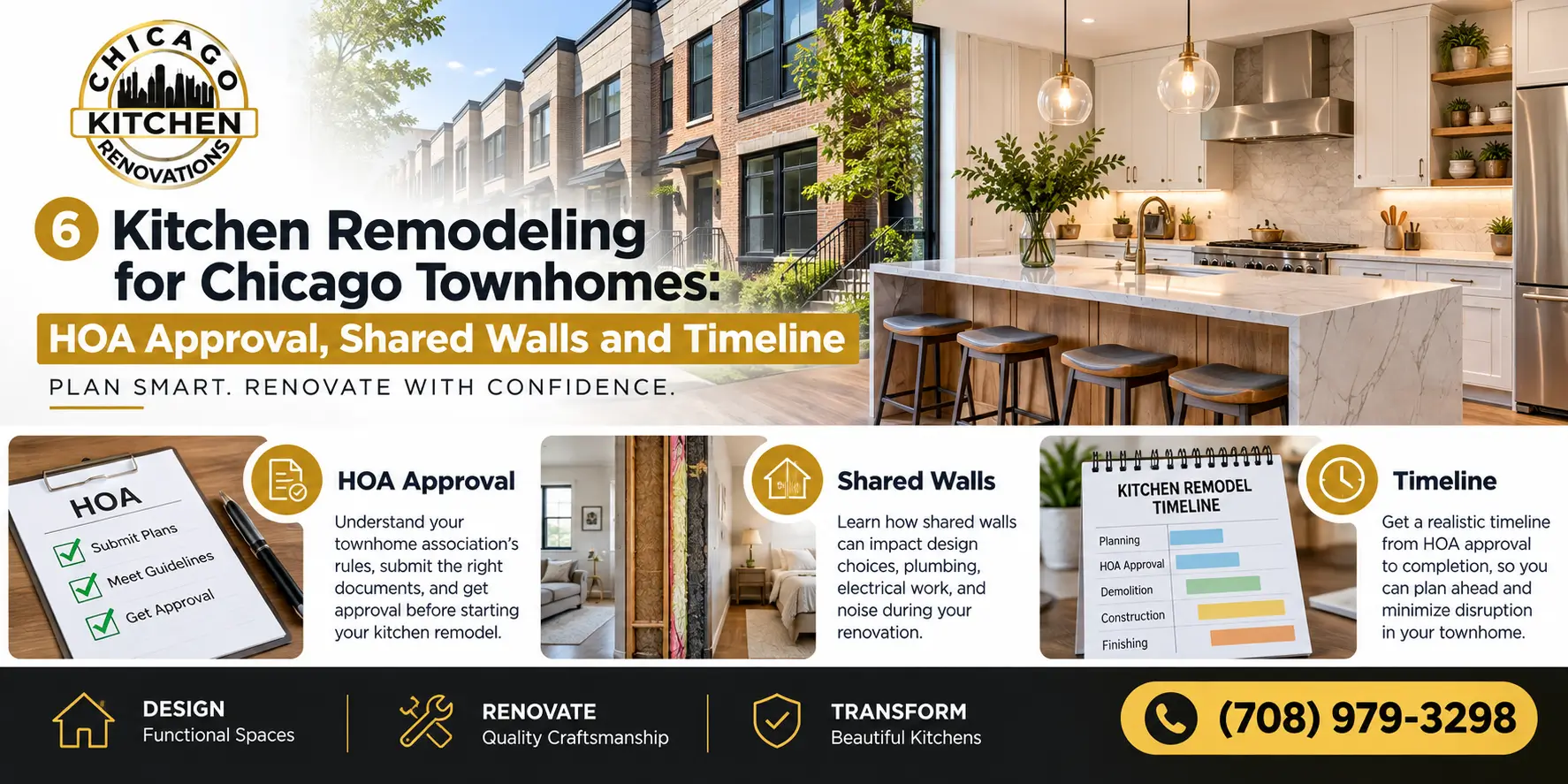 Chicago Kitchen Renovations graphic about kitchen remodeling for Chicago townhomes, highlighting HOA approval, shared walls, renovation timelines, and contact number (708) 979-3298.