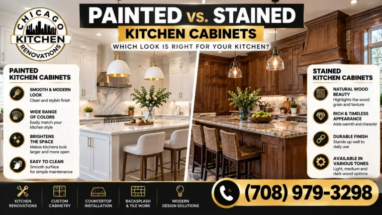 Painted white kitchen cabinets compared with stained wood kitchen cabinets featuring different finishes and styles by Chicago Kitchen Renovations.