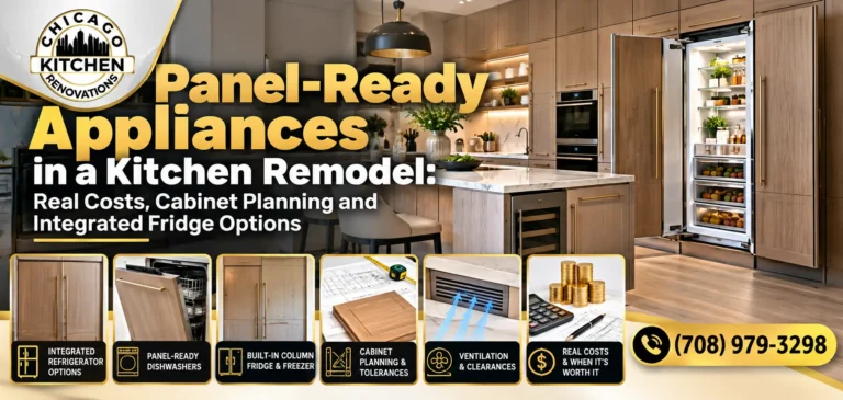 Panel-ready appliances in a modern kitchen remodel featuring integrated refrigerators, panel-ready dishwashers, built-in column refrigerator-freezer units, custom cabinetry, ventilation planning, and cost considerations. Chicago Kitchen Renovations — (708) 979-3298.
