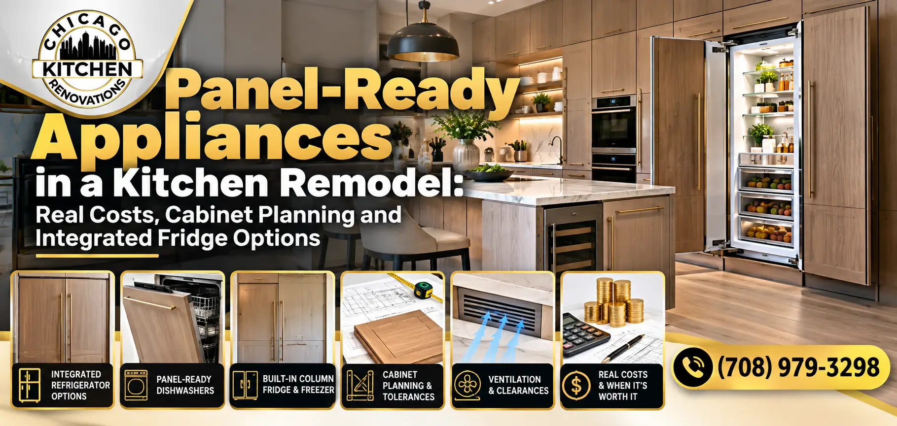 Panel-ready appliances in a modern kitchen remodel featuring integrated refrigerators, panel-ready dishwashers, built-in column refrigerator-freezer units, custom cabinetry, ventilation planning, and cost considerations. Chicago Kitchen Renovations — (708) 979-3298.