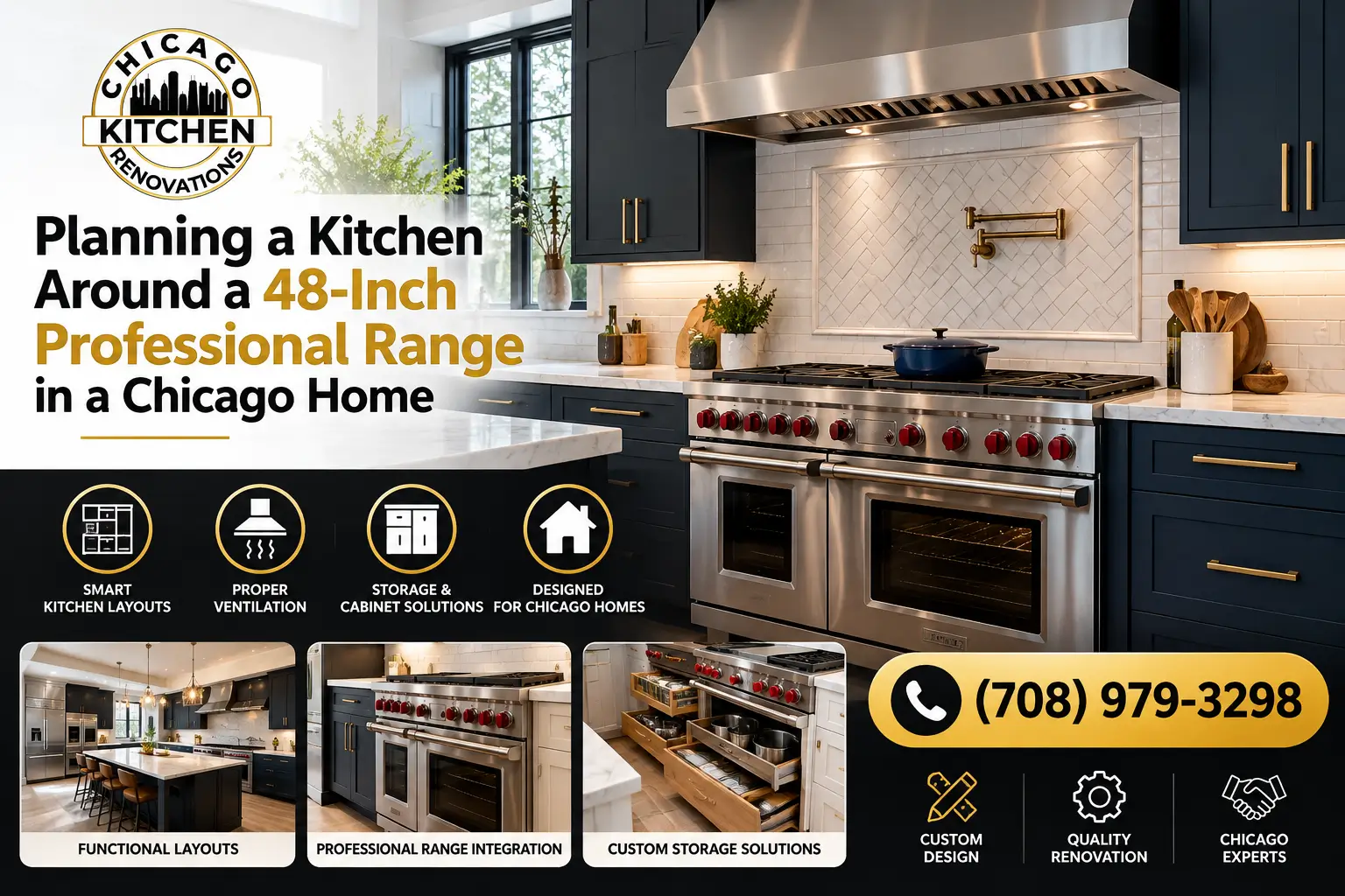 48-inch professional range integrated into a custom kitchen design for a Chicago home renovation.