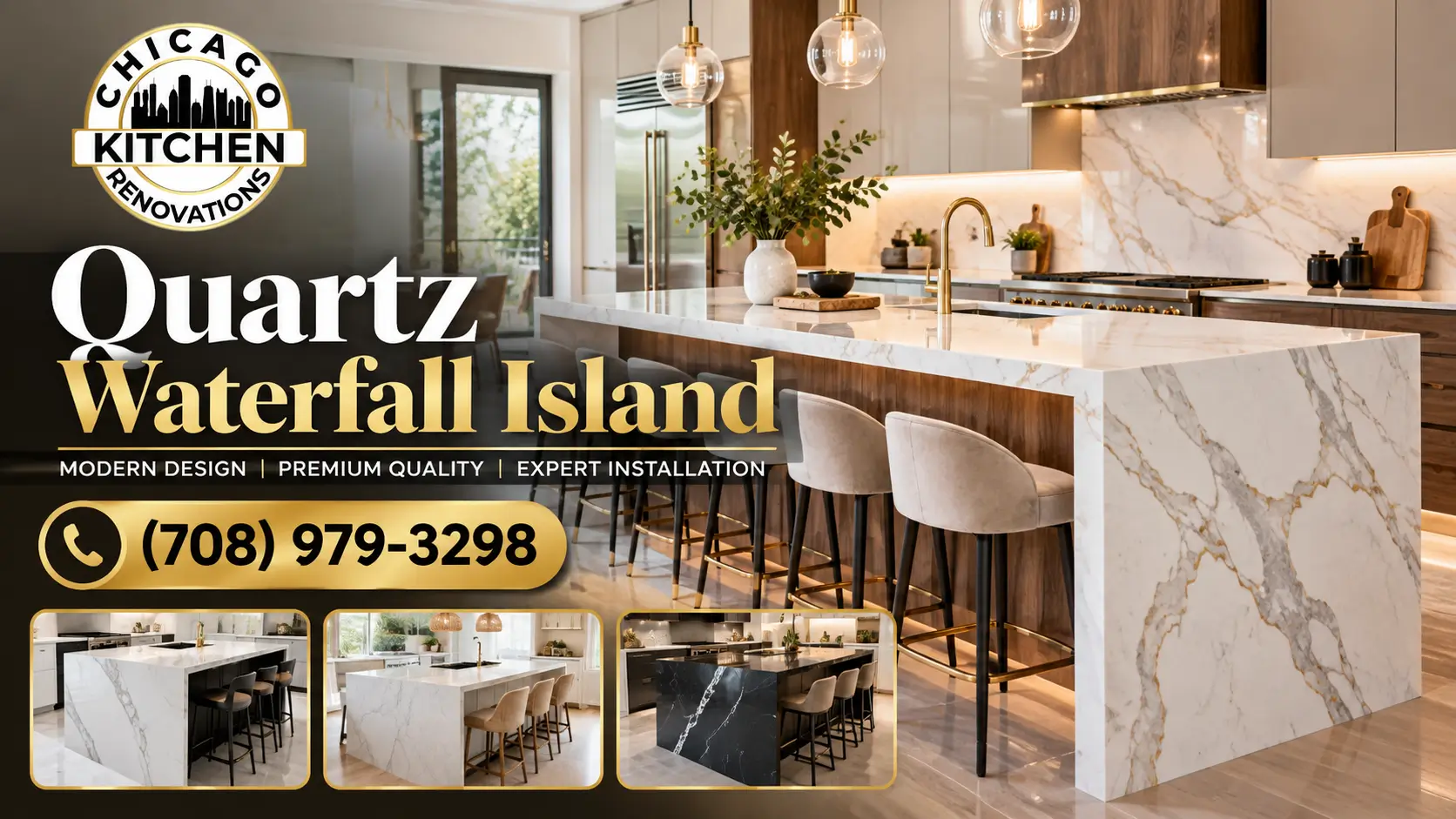 Quartz waterfall island by Chicago Kitchen Renovations, featuring a luxury kitchen with a white quartz countertop, elegant veining, modern cabinetry, pendant lighting, and stylish bar seating.