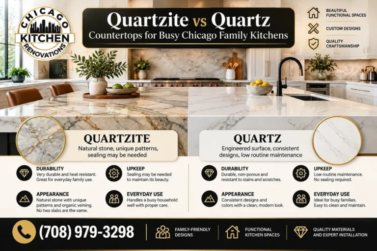 Quartzite vs. quartz countertops in a busy Chicago family kitchen, showcasing natural stone veining, engineered quartz surfaces, durability, maintenance, and luxury kitchen design by Chicago Kitchen Renovations.