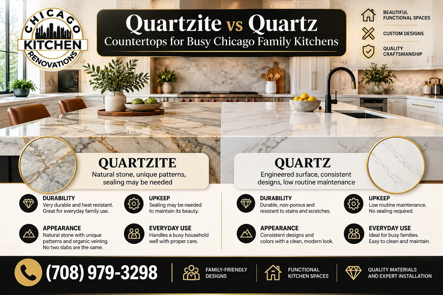 Quartzite vs. quartz countertops in a busy Chicago family kitchen, showcasing natural stone veining, engineered quartz surfaces, durability, maintenance, and luxury kitchen design by Chicago Kitchen Renovations.