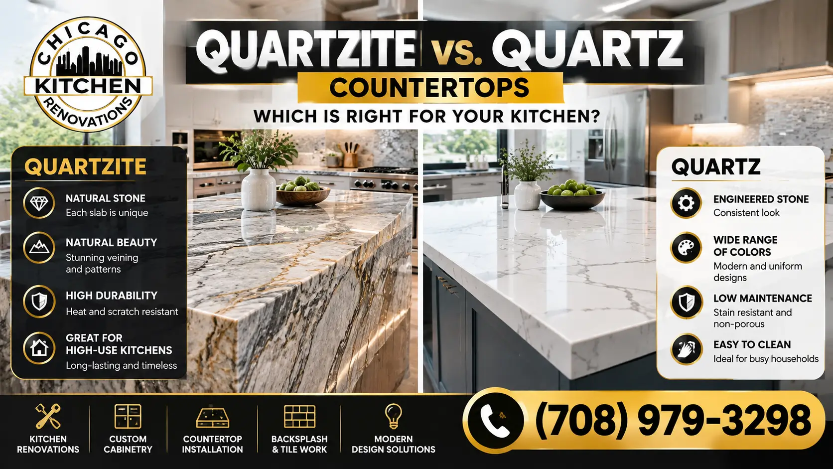 Quartzite vs. quartz countertops comparison featuring natural stone and engineered quartz surfaces in modern kitchens by Chicago Kitchen Renovations