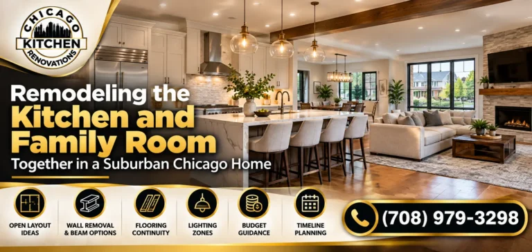 Kitchen and family room remodeling in a suburban Chicago home featuring an open-concept layout, kitchen island, continuous flooring, lighting zones, and structural wall removal planning. Call (708) 979-3298.