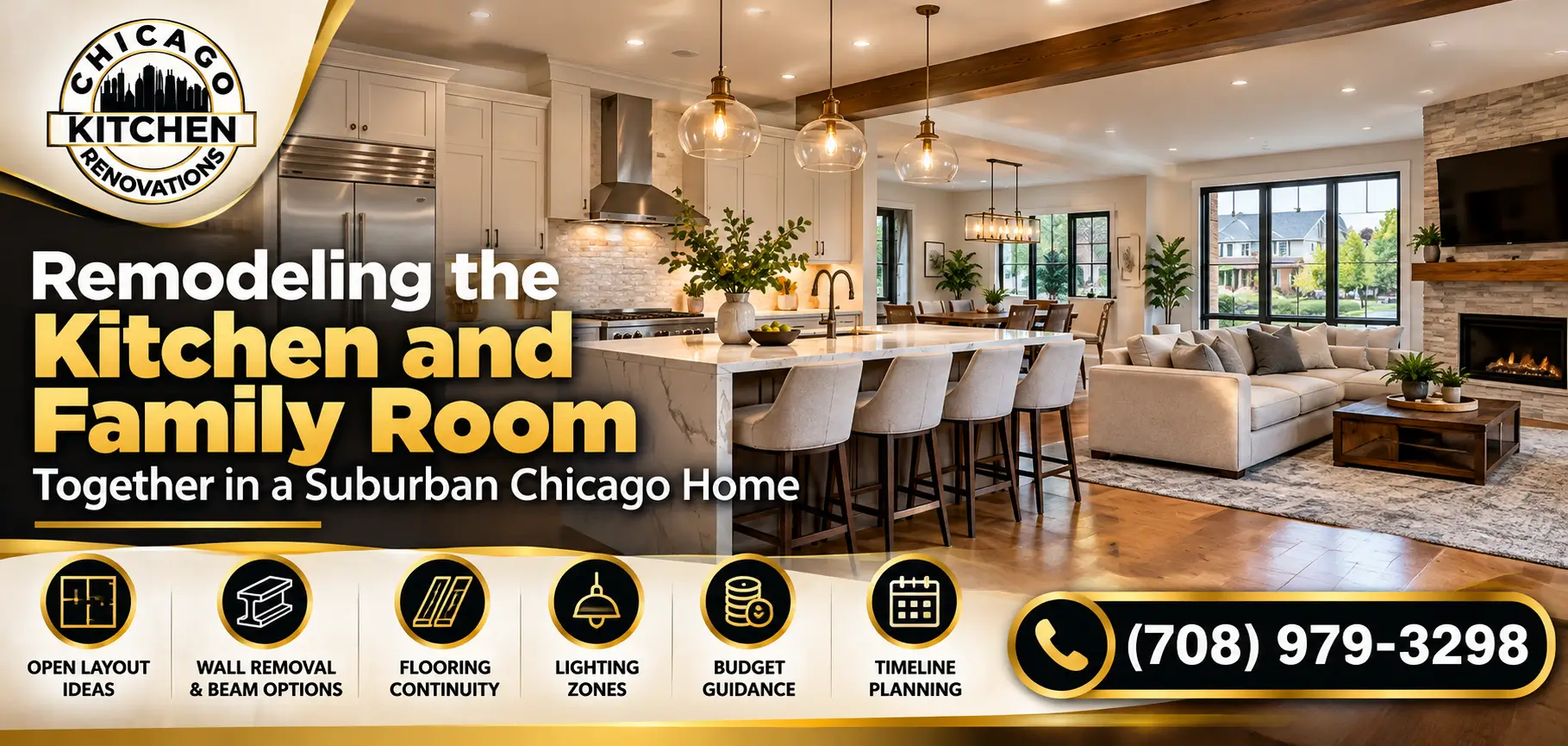 Kitchen and family room remodeling in a suburban Chicago home featuring an open-concept layout, kitchen island, continuous flooring, lighting zones, and structural wall removal planning. Call (708) 979-3298.