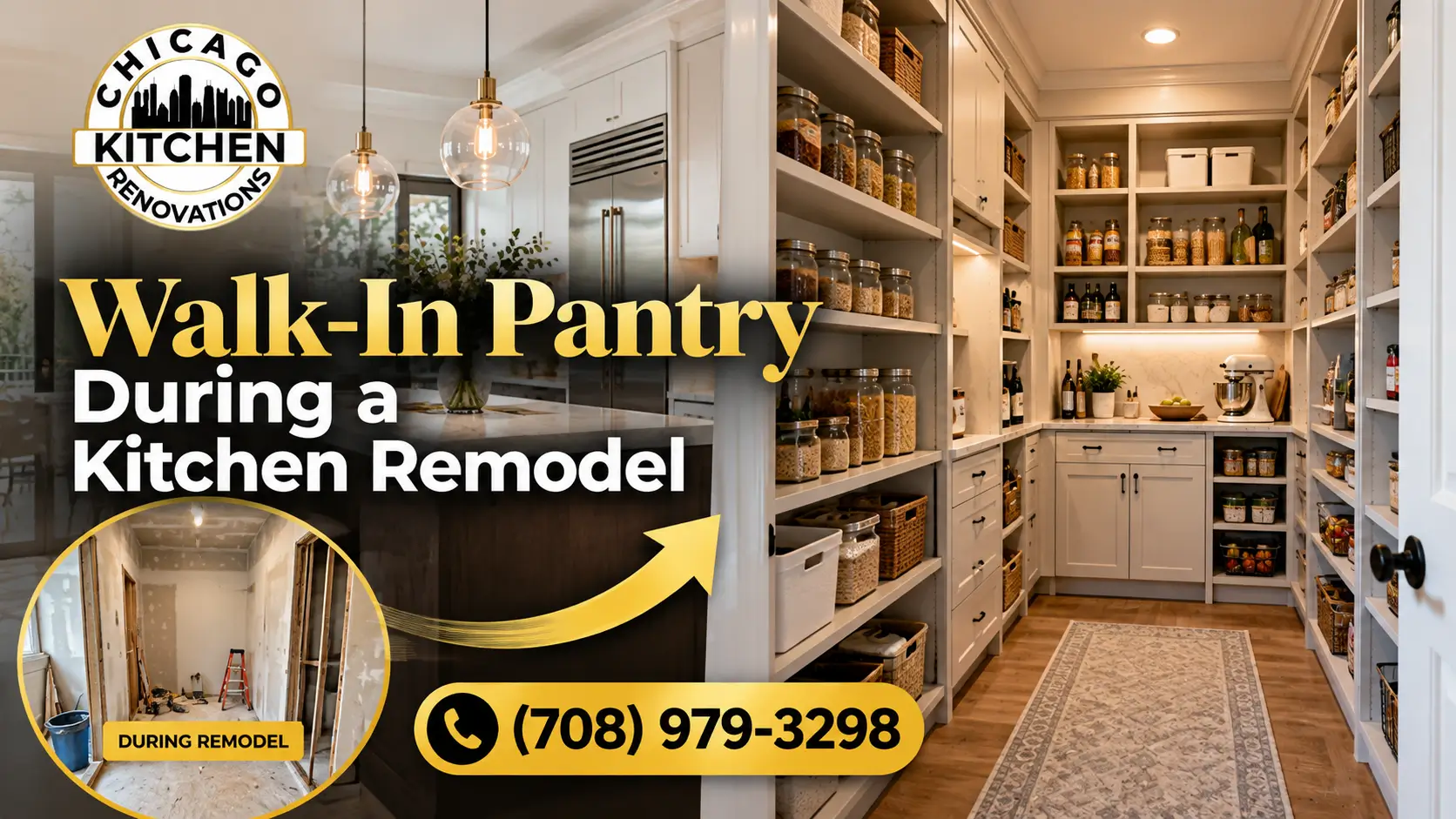 Walk-in pantry during a kitchen remodel by Chicago Kitchen Renovations, showing a spacious finished pantry with custom shelving, organized storage, white cabinetry, warm lighting, and a construction progress inset.